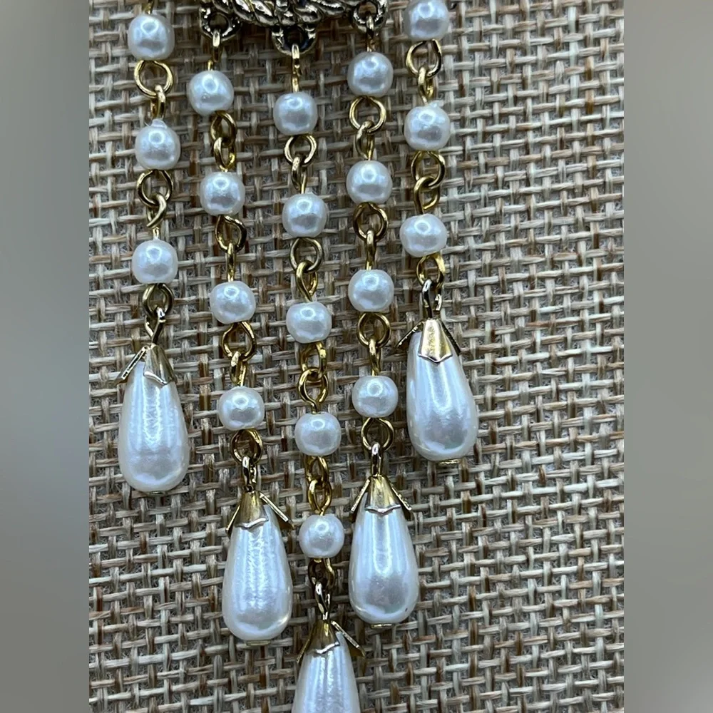Gold Tone and  Pearl Brooch Waterfall Victorian Style Brooch Teardrop